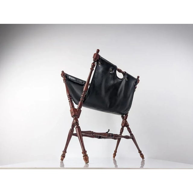 Black Leather And Turned Wood Folding Magazine Rack, 1930s For Sale - Image 3 of 8