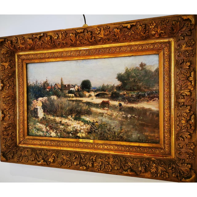 Landscape with a Bridge and a Cow CERVEYRIEU in the Ain region Oil on canvas, signed lower right Well framed 36 x 60.5 cm...