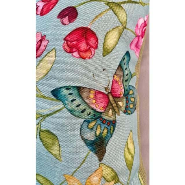 Large Bolster Pillow With a Vibrant Vintage Inspired Floral Pattern With Colorful Flowers, Butterflies & Bees on a Pale Blue Background - Made in U K For Sale - Image 10 of 11
