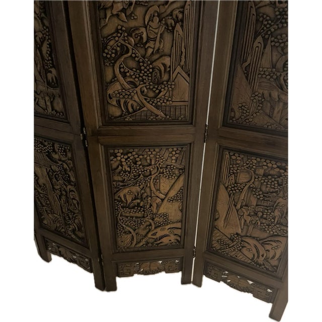 Chestnut 1960s Philippine Hand-Carved Teak Room Divider / Folding Screen For Sale - Image 8 of 12