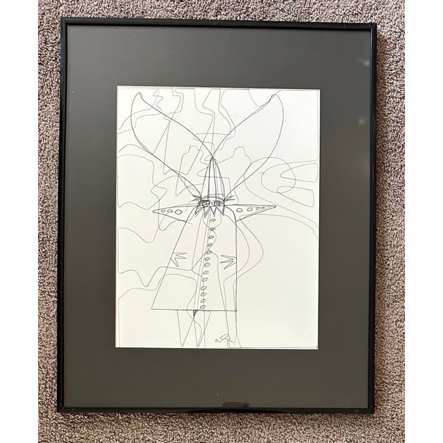 Abstract figural drawing by listed artist Wayne Cunningham. Signed to the bottom center. In black metal frame.