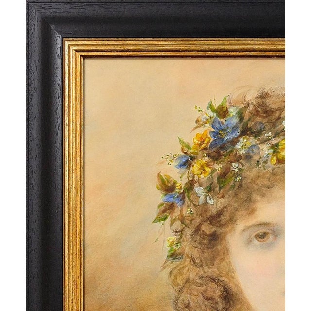 Alice Anne Renshaw, Portrait of a Young Lady with Springtime Flowers in Her Curls, Watercolour & Gouache, 1800s For Sale - Image 5 of 18