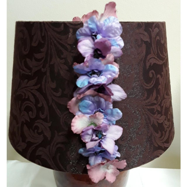 Vintage Table Lamp with Brown Patterned Ceramic Foot and Black-Brown Fabric Shade with Colored Flower Trim, 1980s For Sale - Image 6 of 10