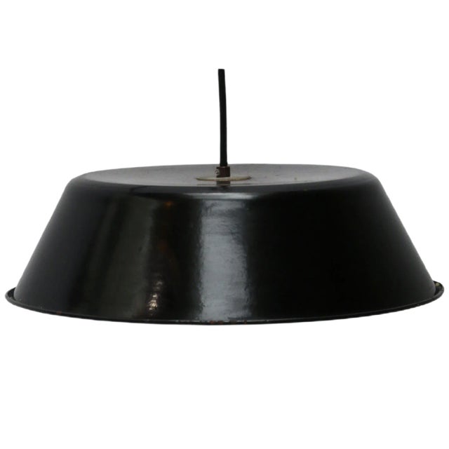 Vintage Industrial French Black Enamel Pendant Lamp, 1950s For Sale