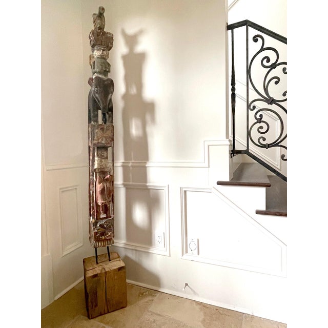 Antique Burmese Architectural Carved and Polychromed Wood Pole Southeast Asia For Sale - Image 4 of 16