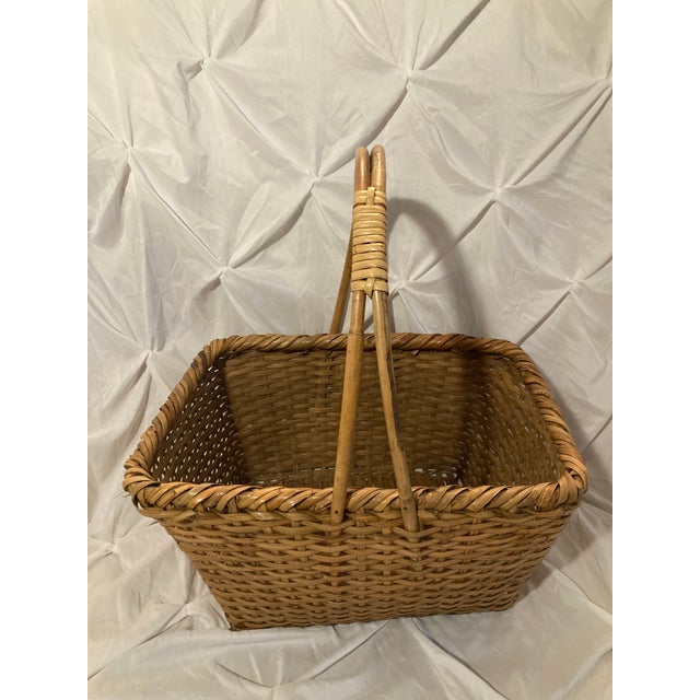Vintage American Made Basket. Handwoven Large Natural Market Basket With a Classic Rectangular Shape and Arched Handles. Rustic and Elegant For Sale - Image 9 of 11