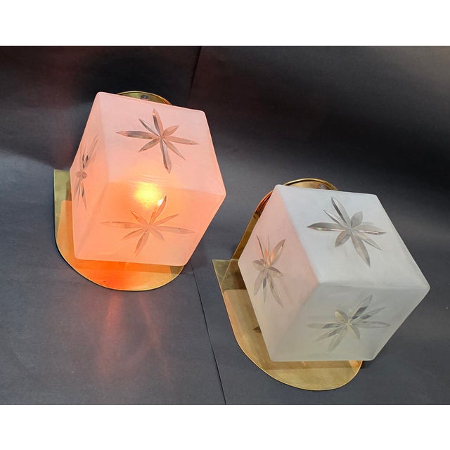 Pair Vintage Art deco light Old Lamp Wall Sconces Fixture Brass & Star Frosted Cube Glass Shade Ship Light Lamp Excellent...