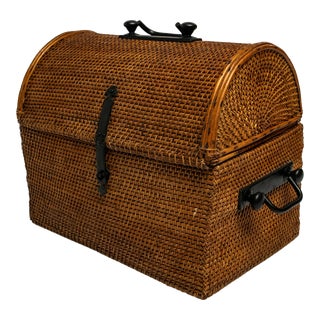 1970s Domed Rattan Woven Basket With Iron Hardware For Sale
