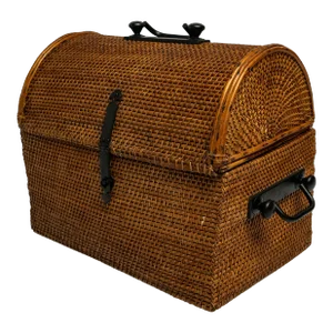 1970s Domed Rattan Woven Basket With Iron Hardware