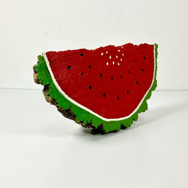 Vintage Folk Art Boho Chic Arts & Crafts Elm Wedge Watermelon Sculpture, Hand Carved, Painted For Sale - Image 9 of 12