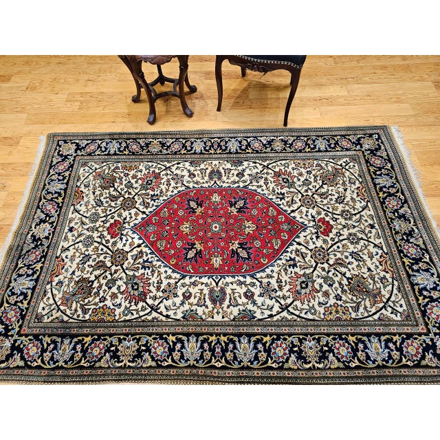 Ivory Vintage Persian Qum Area Rug, Hand-Knotted Wool & Silk, Floral Medallion Pattern, 5x7, Ivory & Red For Sale - Image 8 of 18