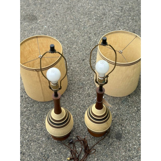 1960s 1960s Mid-Century Drip Pottery Table Lamps With Shades - a Pair For Sale - Image 5 of 12