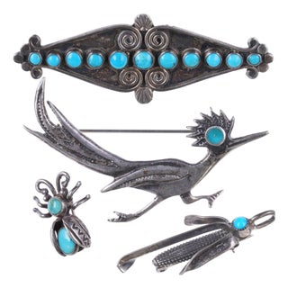 4 Vintage Native American Sterling and turquoise pins/pendant For Sale