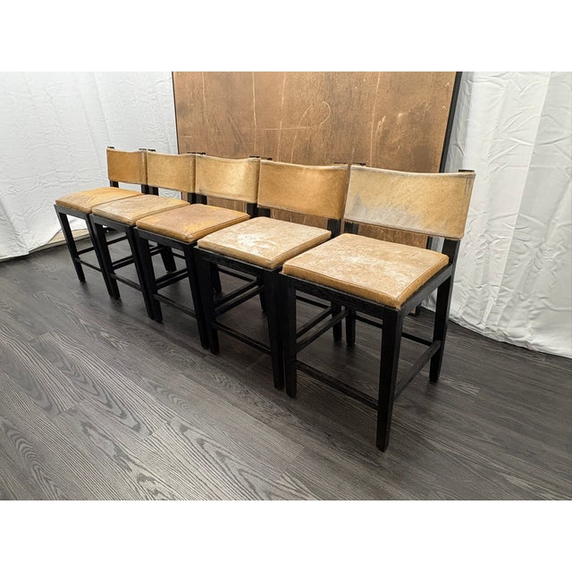 Rh Saddle Hair-on-Hide Counter Stools – Set of 5 Designed by Barlas Baylar | Camel Hair-on-Hide | Black Oak Finish For Sale - Image 12 of 16
