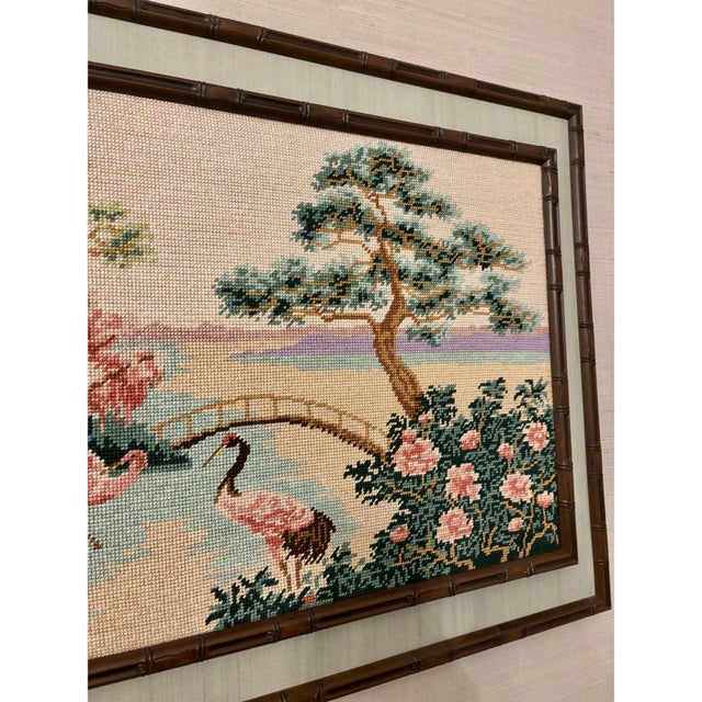 Offered is a handmade needlepoint wall art with chinoiserie scene. This beauty features a traditional Asian landscape with...