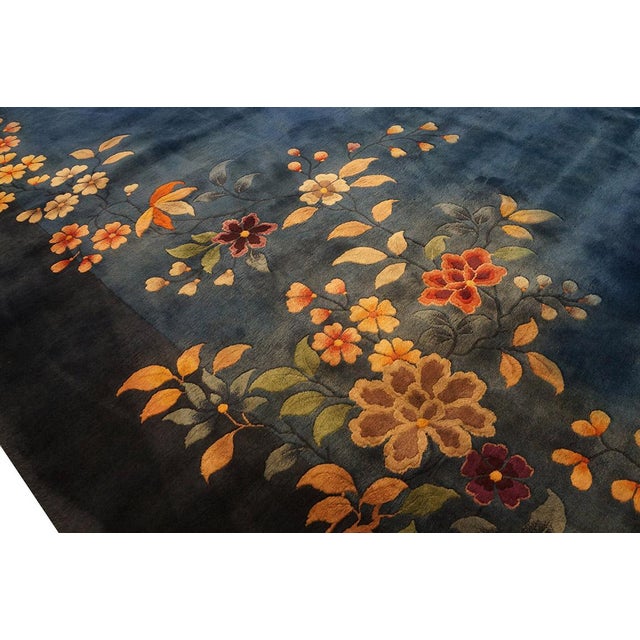 1930s Royal Blue Solid Floral Modernist Antique Chinese Art Deco Gallery Rug For Sale - Image 12 of 12
