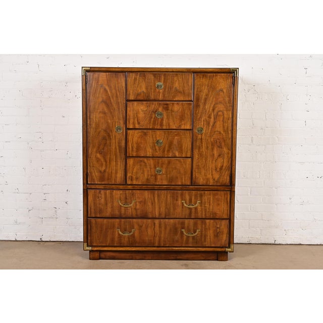 Drexel Heritage Hollywood Regency Campaign Walnut Gentleman's Chest or Armoire Dresser For Sale - Image 12 of 12