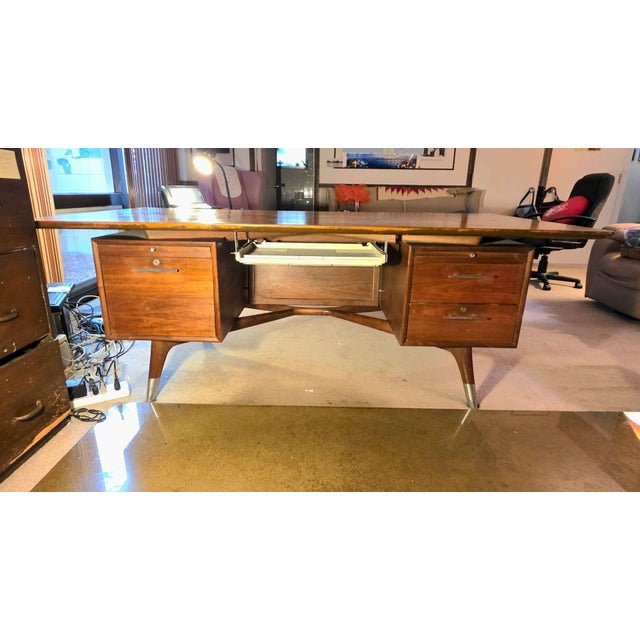 Mid-Century Modern Mid 20th Century Alma Skulptura Mid Century Walnut Executive Desk, 78” Danish Modern, Cane Panel For Sale - Image 3 of 11