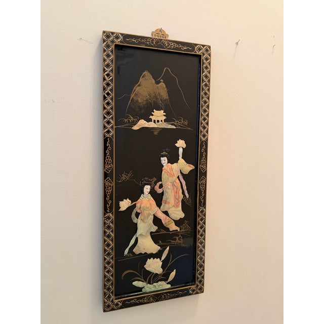 Vintage Asian Chinoiserie Black Lacquer Wall Plaques Art With Mother-of-Pearl Inlay For Sale In Chicago - Image 6 of 9
