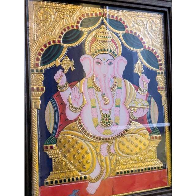 Vintage Traditional Hindu Tanjore Painting: Lord Ganesha For Sale - Image 4 of 7