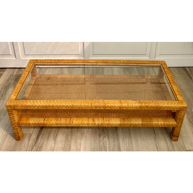 Mid-Century Modern Mid-Century Two-Tier Woven Rattan & Cane Coffee Table With Glass Top For Sale - Image 3 of 15