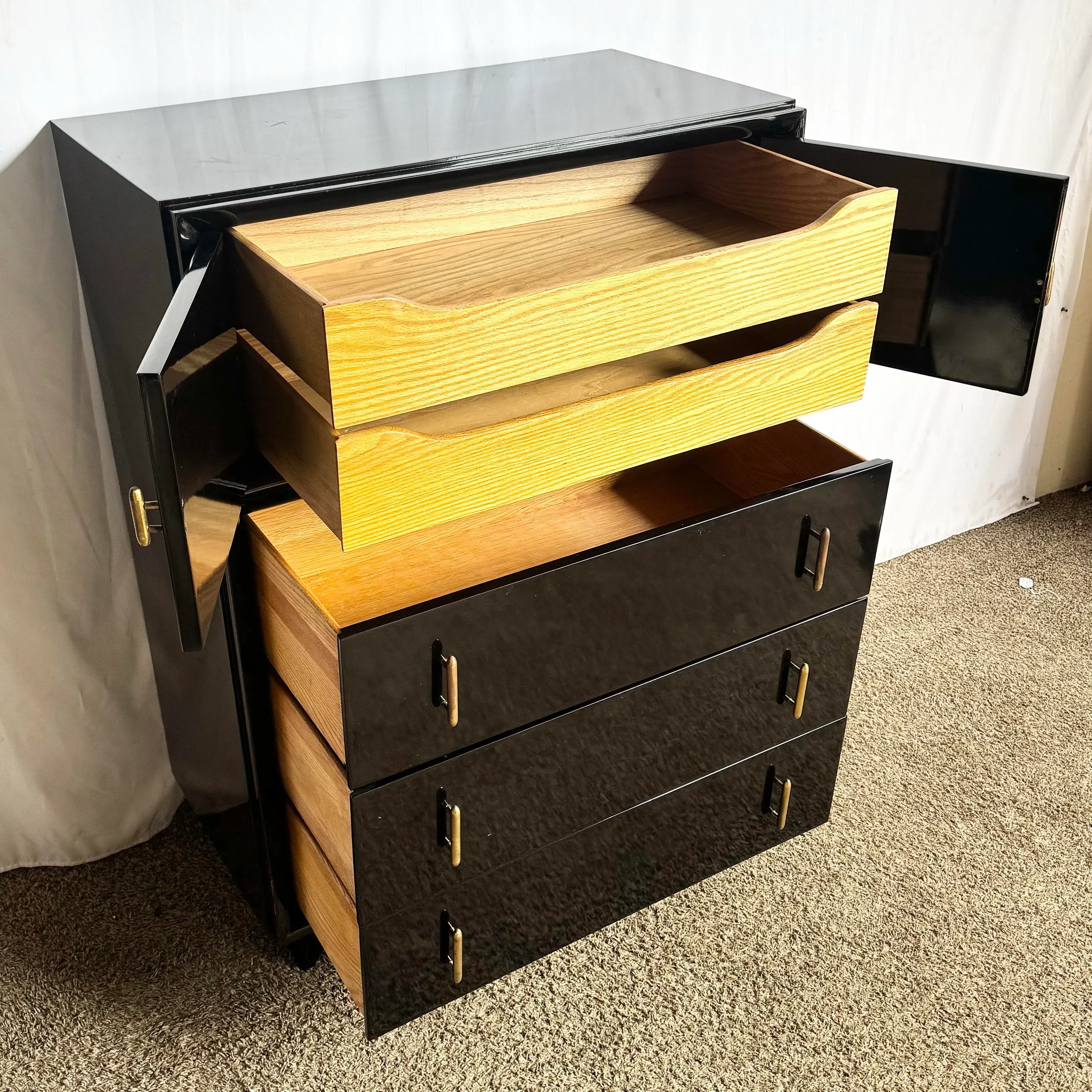 Art Deco Black Lacquered and Gold Highboy Dresser With Brass Hardware |  Chairish