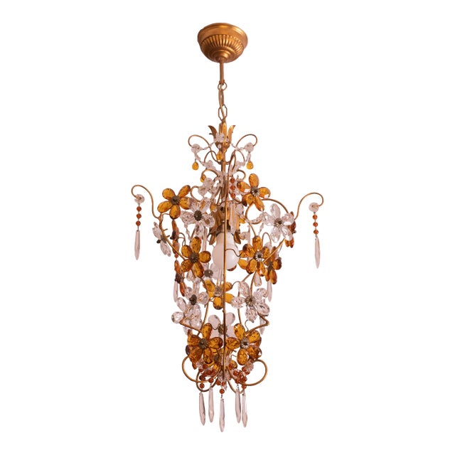 Crystal and Murano Glass Orange Flowers Chandelier, 1970s For Sale