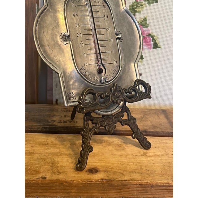 Brown Vintage Pewter Wall Thermometer With 3 Different Temperature Scales For Sale - Image 8 of 8
