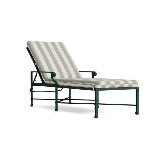 Brown Jordan Venetian Adjustable Chaise Lounge in Forest Green with Forest Stripe Cushions For Sale