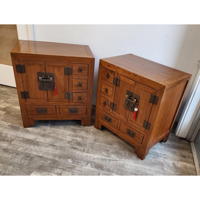 Vintage Chinese Elm Apothecary Nightstands / Bedside Cabinets - A Pair For Sale In New York - Image 6 of 18
