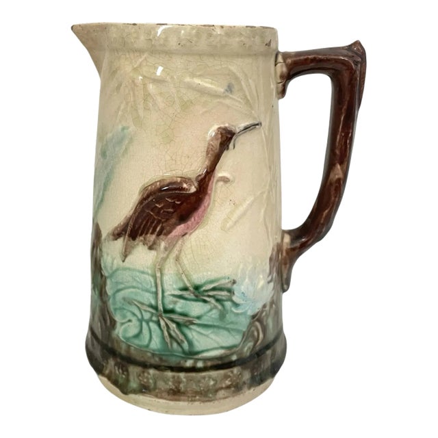 Antique England Majolica Pitcher Crane Stork & Lily Pad Aesthetic Style #36 For Sale
