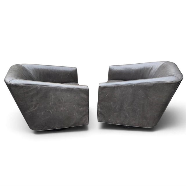 Pair of Restoration Hardware 1950s Italian Shelter Charcoal Gray Distressed Leather Swivel Club Chairs For Sale In Washington DC - Image 6 of 13