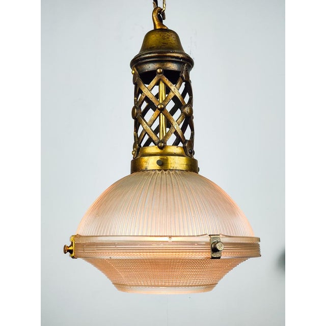 Antique French 2 Part Glass Holophane Pendant Light, 1920s For Sale - Image 3 of 8