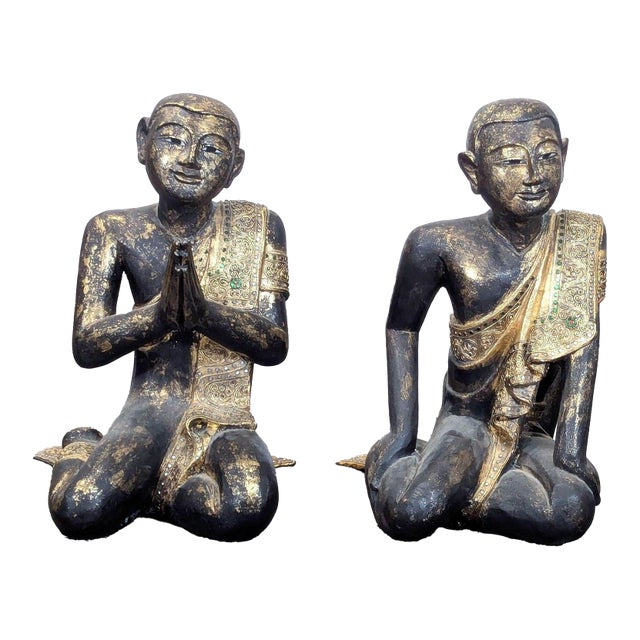 Pair of Thai Carved Teak Gilt Buddhist Monk Figures For Sale