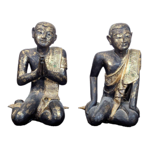 Pair of Thai Carved Teak Gilt Buddhist Monk Figures