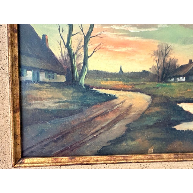 Gold Vintage Signed European Countryside Sunset Landscape Oil Painting in Wood Frame For Sale - Image 8 of 15