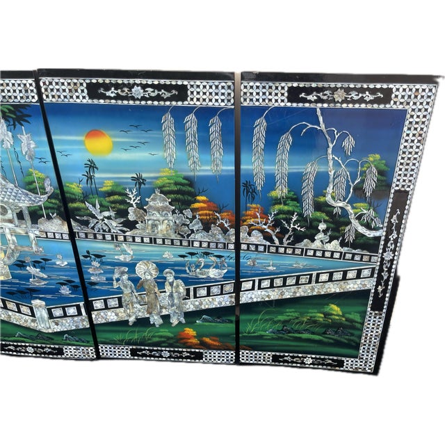 1960s The One Pillar Pagoda (Chùa Một Cột) Mother-of-Pearl Inlay Vintage Four-Panel Decorative Wall Installation – Hanoi Vietnam For Sale - Image 5 of 6