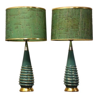 Aqua and Brass Table Lamps - a Pair For Sale