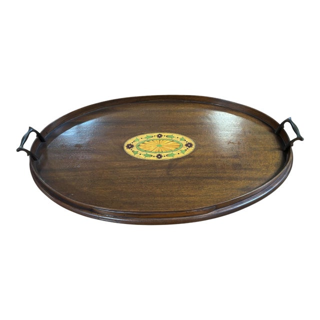 Vintage Federal Style Mahogany Serving Tray With Floral Inlay Medallion & Glass Insert For Sale