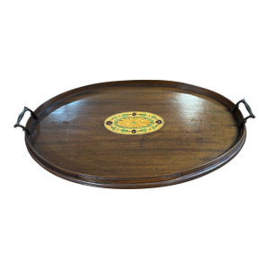 Vintage Federal Style Mahogany Serving Tray With Floral Inlay Medallion & Glass Insert