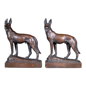 Signed Early 20th C. Bronze Dog Bookends by Paul Herzel c.1920
