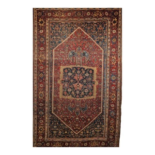 19th Century Persian Bidjar Rug, Hand-Knotted Wool, Geometric Herati Pattern, Burgundy & Blue, 5x7 For Sale