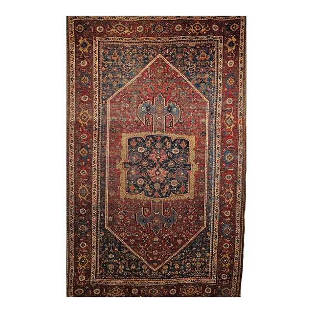 19th Century Persian Bidjar Rug, Hand-Knotted Wool, Geometric Herati Pattern, Burgundy & Blue, 5x7 For Sale