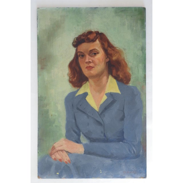 Paint Vintage 1943 Portrait Red Haired Woman in Blue Suit Painting For Sale - Image 7 of 8