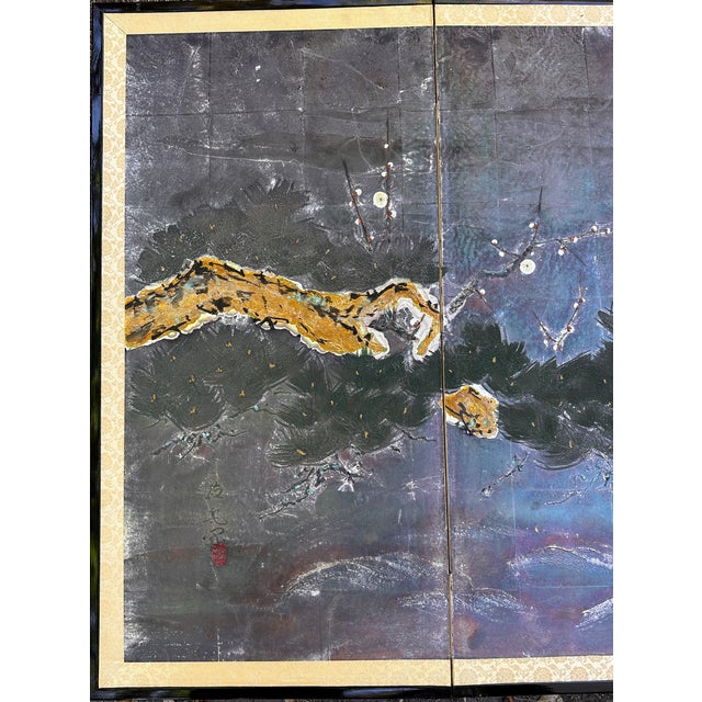Vintage Japanese Four-Panel Hand-Painted Silver Leaf Pine Tree Folding Screen For Sale - Image 4 of 16