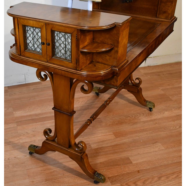 1900s Antique English Hepplewhite Burl Walnut & Leather Top Carlton Writing Desk For Sale - Image 17 of 18