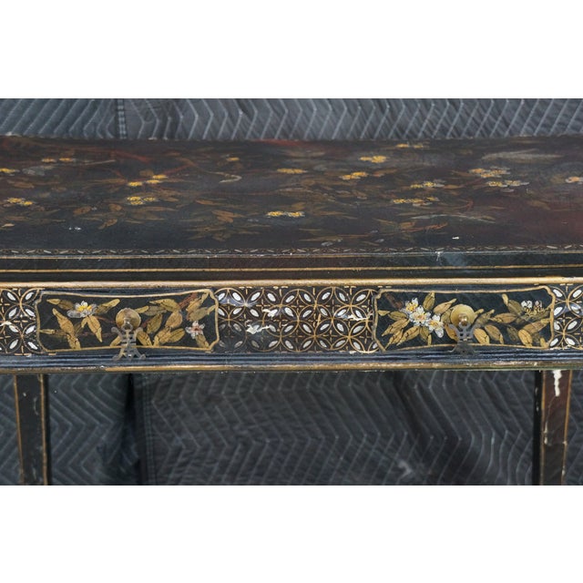 Vintage Chinoiserie Black Lacquered Floral Bird Writing Desk Library Table 35" For Sale - Image 17 of 18