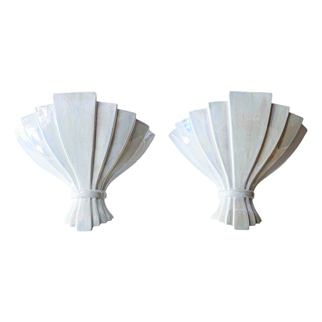 Fan Shaped Pearl Glazed Ceramic Wall Lamps, 1950s, Set of 2 For Sale