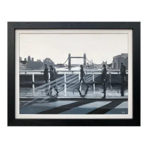 Angela Wakefield, Black & White Painting of People in Sunshine on London Bridge with Tower Bridge, 2011