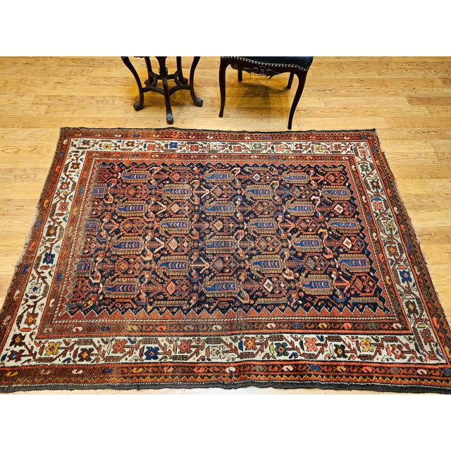 Vintage Persian Malayer Rug, Hand-Knotted Wool, Paisley Pattern, 5x6, Navy & Ivory For Sale In Chicago - Image 6 of 18